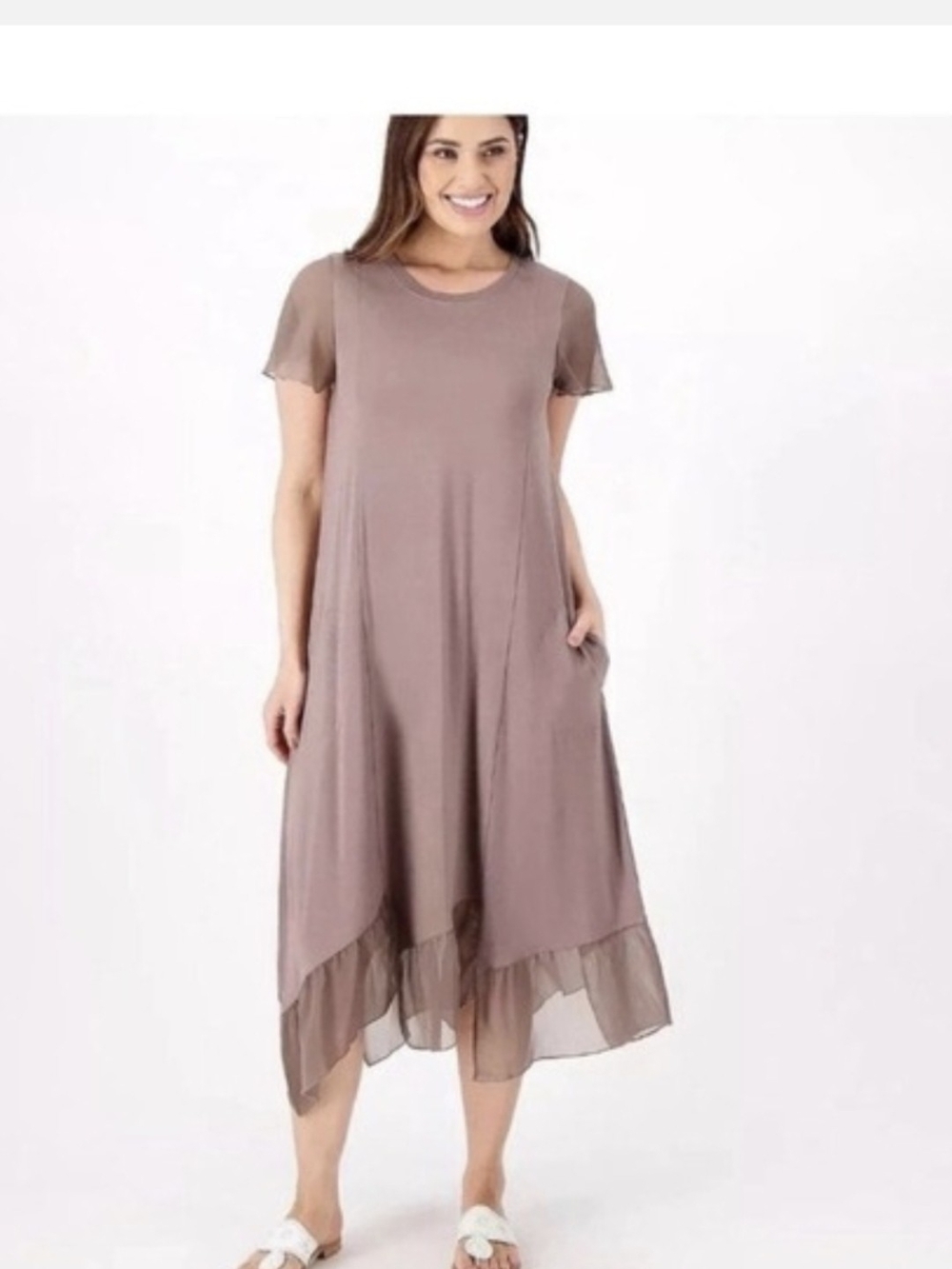 LOGO by Lori Goldstein Taupe Layered Hem Midi Dress